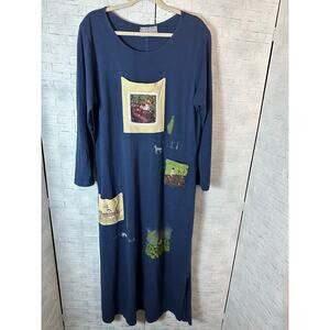 Cover charge women’s dress knit navy blue painted pockets Lagenlook art teacher